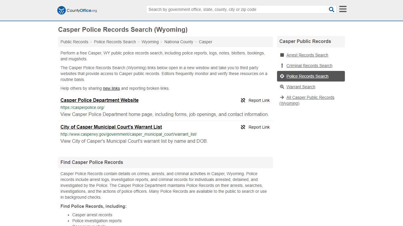 Casper Police Records Search (Wyoming) - County Office